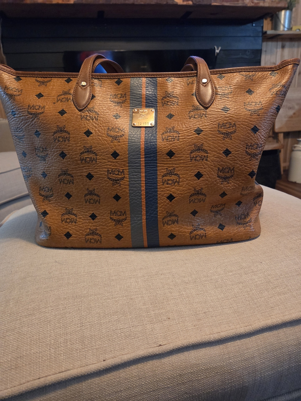 MCM Cognac Visetos Stripe Leather Tote Bag